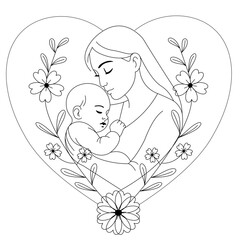 Mother and Baby Hug Inside a Heart – Editable Line Art for Emotional Designs
