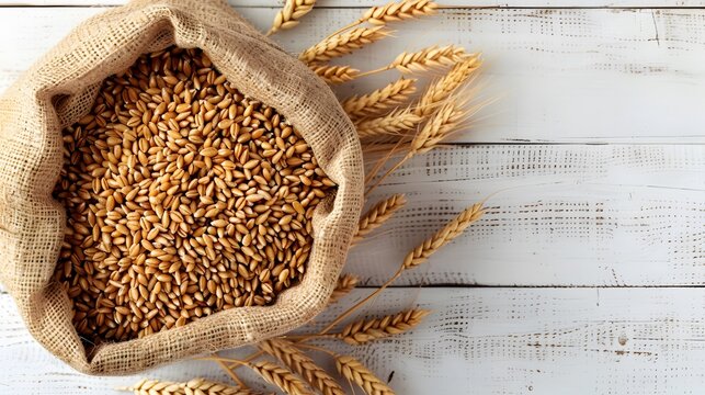 Burlap sack filled with wheat grain and wheat stalks on a white wooden surface