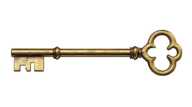 Ornate golden key on black. Antique, complex design