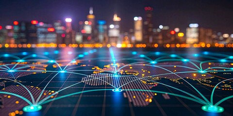 Fototapeta premium Global digital network map connecting cities around the world with glowing lines at night 