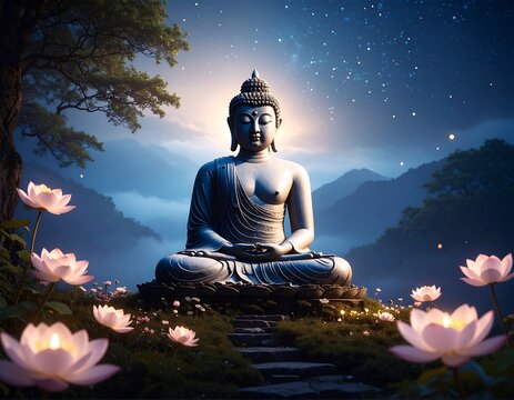 Buddha statue serene night - Powered by Adobe