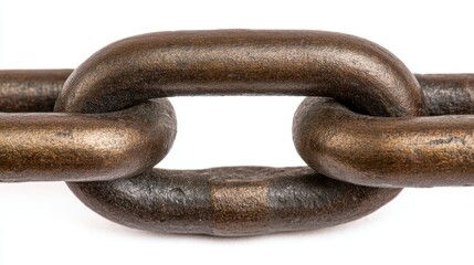 Fototapeta premium This detailed macro image showcases the textured surface of a robust, old, heavy, weathered bronze metal chain link against a white backdrop.