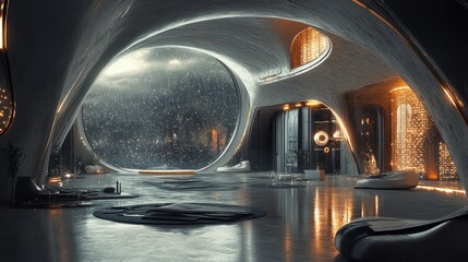 Futuristic architectural interior design featuring a large panoramic window
