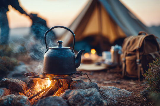 campfire with kettle boiling - Powered by Adobe