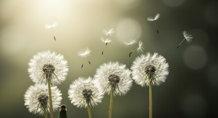 Obraz premium Serene Dandelions: Whispers of Summer's Gentle Breeze, Seeds Floating Freely in the Golden Hour Light