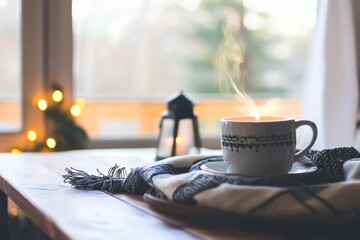 A steaming mug of coffee or tea rests on a cozy plaid blanket on a wooden table, beside a flickering lantern, with soft fairy lights and a blurred window view in the background, evoking a warm, comfor