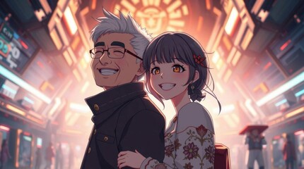 Obraz premium A vibrant anime-style illustration depicts a smiling older man with silver hair and a young woman with purple hair, embracing happily in a futuristic, neon-lit environment.