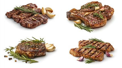 Obraz premium Four grilled steak variations, rosemary, garlic, peppercorns, isolated on white. Each showcases different cuts and char levels