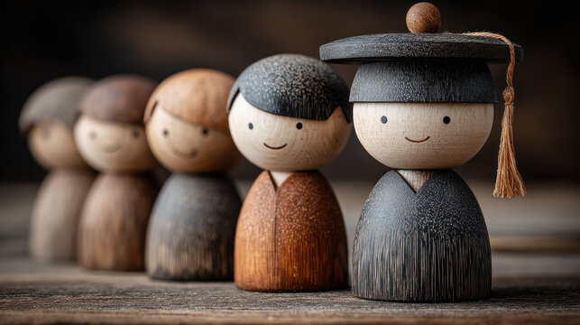 Wooden figures representing education and success with graduate wearing mortarboard and smiling in row on wooden surface.