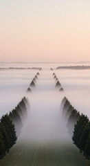 Fototapeta premium Misty Morning: A Serene Pathway Through Foggy Fields and Evergreen Trees