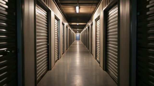 Storage unit corridor interior with metal doors ceiling lights and floor hallway creating secure organized space and sense of depth in affordable housing project