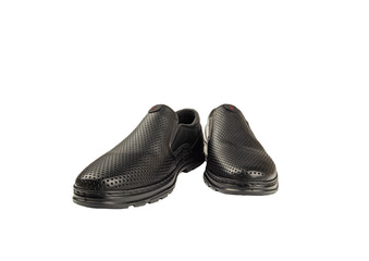 formal black shoes close up on white background, men's fashion shoes close up