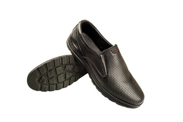 formal black shoes close up on white background, men's fashion shoes close up