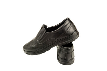 formal black shoes close up on white background, men's fashion shoes close up
