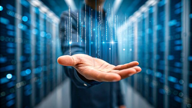 Businessman holding digital code stream in high tech data center with glowing binary network
