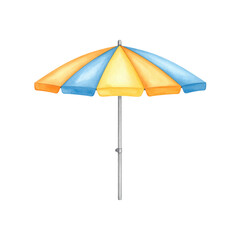 Watercolor beach umbrella with blue, yellow, and orange stripes isolated on transparent background. Summer, vacation, and holiday concepts.