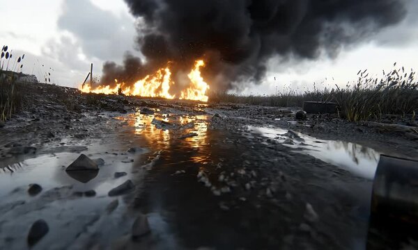 Warzone landscape with burning fire and smoke