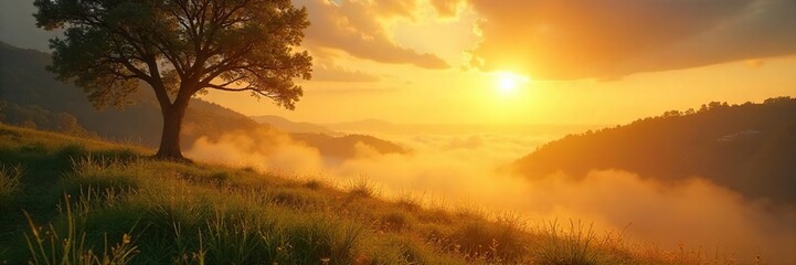 Fototapeta premium A serene landscape bathed in golden sunlight, evoking feelings of peace, hope, and spiritual connection Perfect for themes of faith, reflection, and inner peace , worship, grass