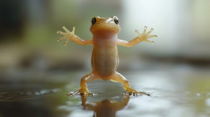 Adorable tiny frog standing upright on a wet surface, wildlife close-up