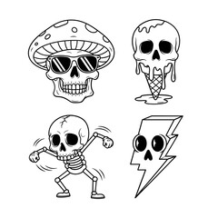 Cartoon Skulls Illustration Set Line Art Designs of Dancing Skeleton, Ice Cream Skull, Mushroom Skull, and Lightning Skull