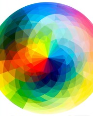 Obraz premium A vibrant abstract swirl of polygonal shapes forming a colorful spectrum within a circular design element against a white background.