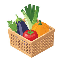 Colorful Ripe Seasonal Vegetables Basket - Vector Illustration