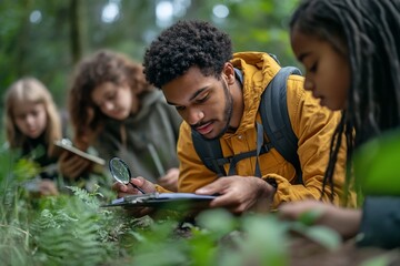 Group of students explore nature with their teacher in outdoor field trip