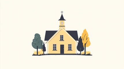 Stylized Church Illustration with Trees, A Serene Religious Building Scene
