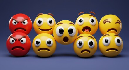 Obraz premium 3D Render of Emojis Displaying a Range of Emotions: Anger, Happiness, Surprise, Sadness, and Disappointment