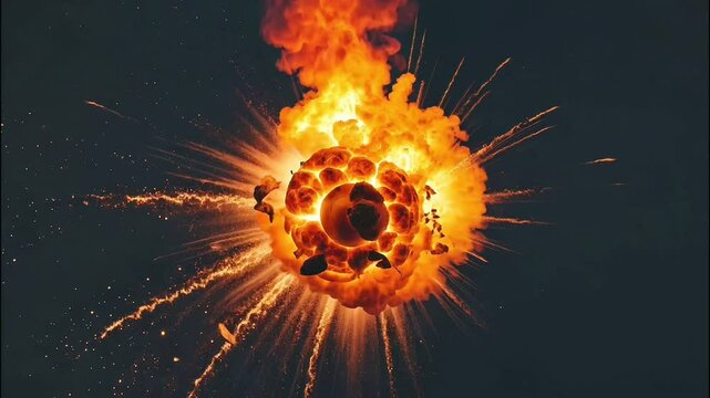 4K time-lapse of a super slow-motion fire explosion, showcasing the intense burst of flames and shockwave from a bomb or nuclear-like detonation on a deep black background