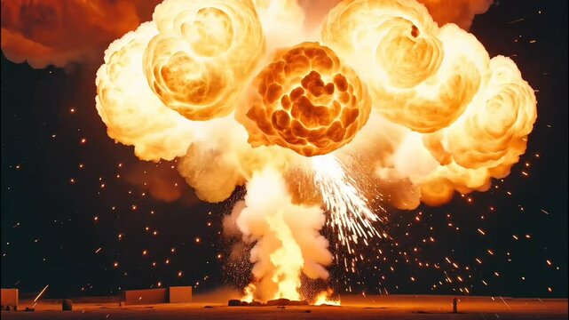 4K time-lapse of a super slow-motion fire explosion, showcasing the intense burst of flames and shockwave from a bomb or nuclear-like detonation on a deep black background