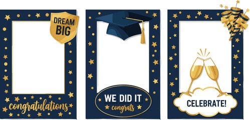 Set of Graduation party photo booth props. Frames with congratulations lettering text. Photobooth vector element. Concept for selfie. Congrats grad quote. Gold and black decoration for celebration