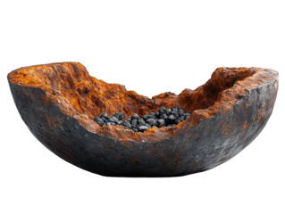 Ruined, textured fruit rind containing small black contents
