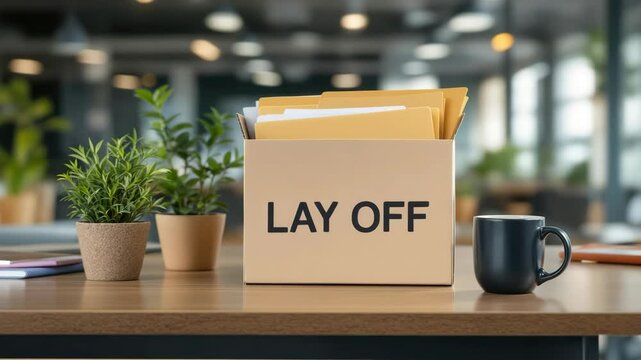 Cardboard Box Labeled Layoff on Office Desk with Coffee Mug and Plants Symbol of Job Loss and Workplace Employment Challenges