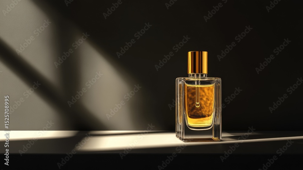 Poster amber glass container with shiny gold dropper cap in a clean studio with moody shadows