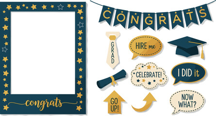Graduation party photo booth props. Frame with congratulations lettering text, Photobooth vector element. Concept for selfie. Congrats grad quote. Gold and black decoration for celebration