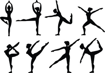 Eight silhouettes of women in various yoga and dance poses
