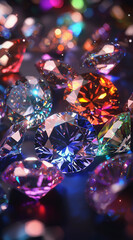 Sparkling multicolored gemstones reflecting vibrant light on dark surface
