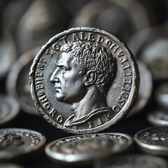 Ancient Roman silver coin with emperor profile in sharp historical detail
