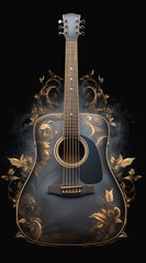 Black acoustic guitar with golden floral ornaments on dark dramatic backdrop
