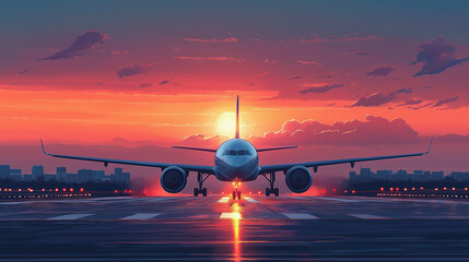 Airplane on runway at sunrise with glowing lights and dramatic reflections
