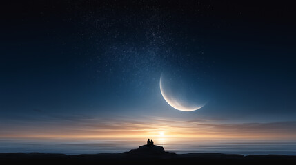 Romantic couple silhouette under crescent moon during twilight on horizon
