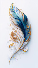 Elegant blue and gold feather illustration with swirling artistic details
