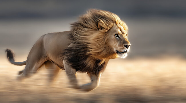 Powerful male lion sprinting across dry savannah with wind-swept mane
