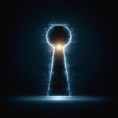 Digital glowing keyhole surrounded by blue binary code in dark cyberspace
