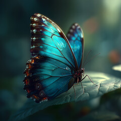 Vivid blue butterfly resting on leaf in dreamy forest light environment
