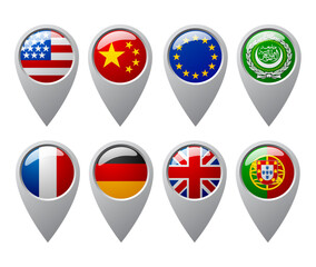 Collection of map pin icons featuring flags of: United States,China, European Union, Arab League, France, Germany, United Kingdom, Portugal