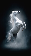 White horse rearing in misty spotlight with powerful motion and elegance
