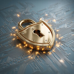 Golden shield padlock glowing with sparks on futuristic digital circuit board
