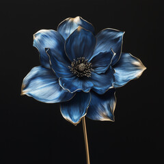 Detailed metallic blue flower sculpture on elegant black background lighting
